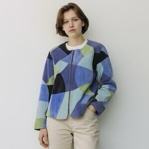 VTG Hippy Karen Arnold Womens XL Patchwork Suede Leather Jacket Blue Green Black